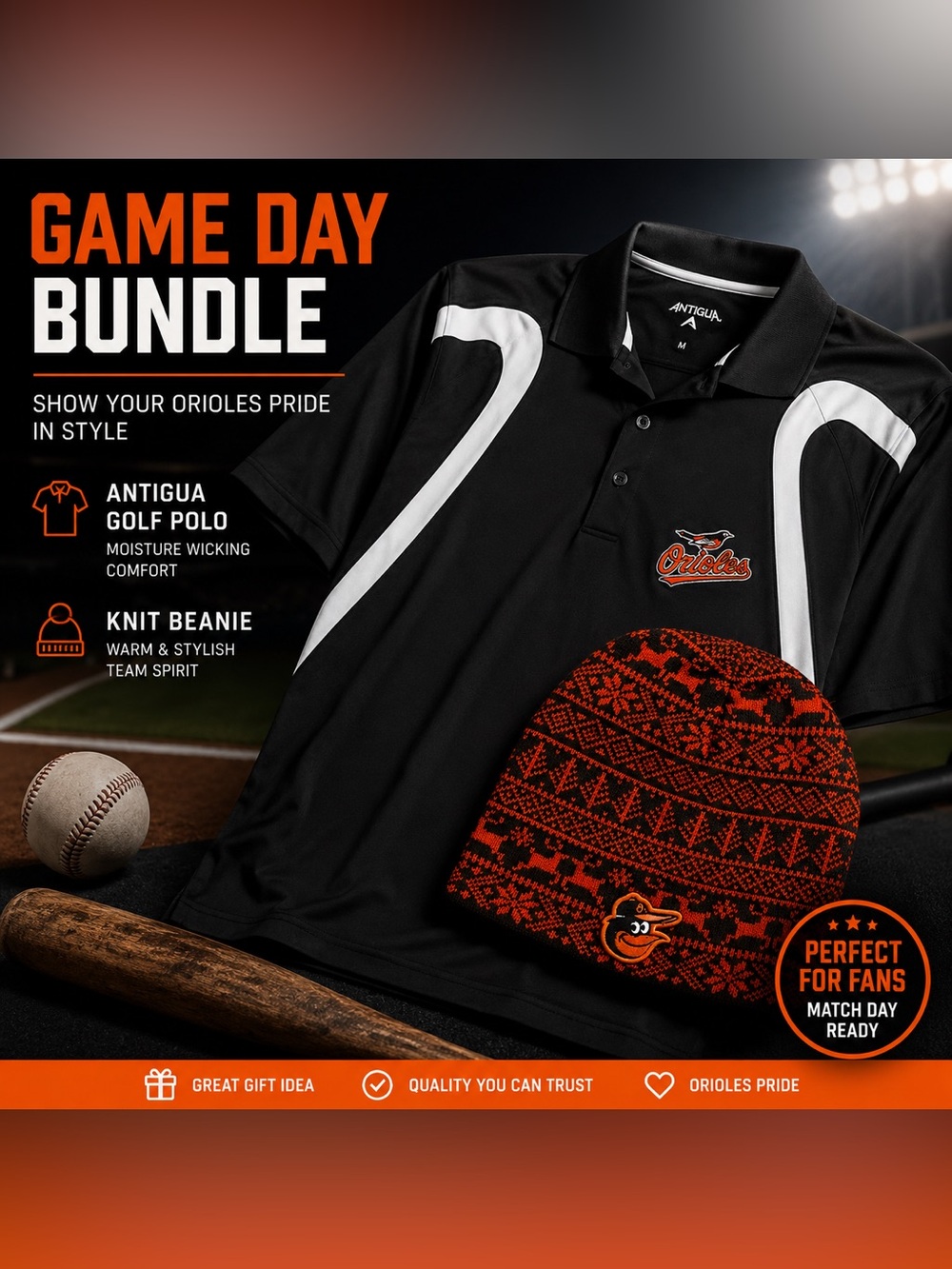 Baltimore Orioles Antigua Polo & Fair Isle Knit Beanie Bundle –Med - Good Cond!